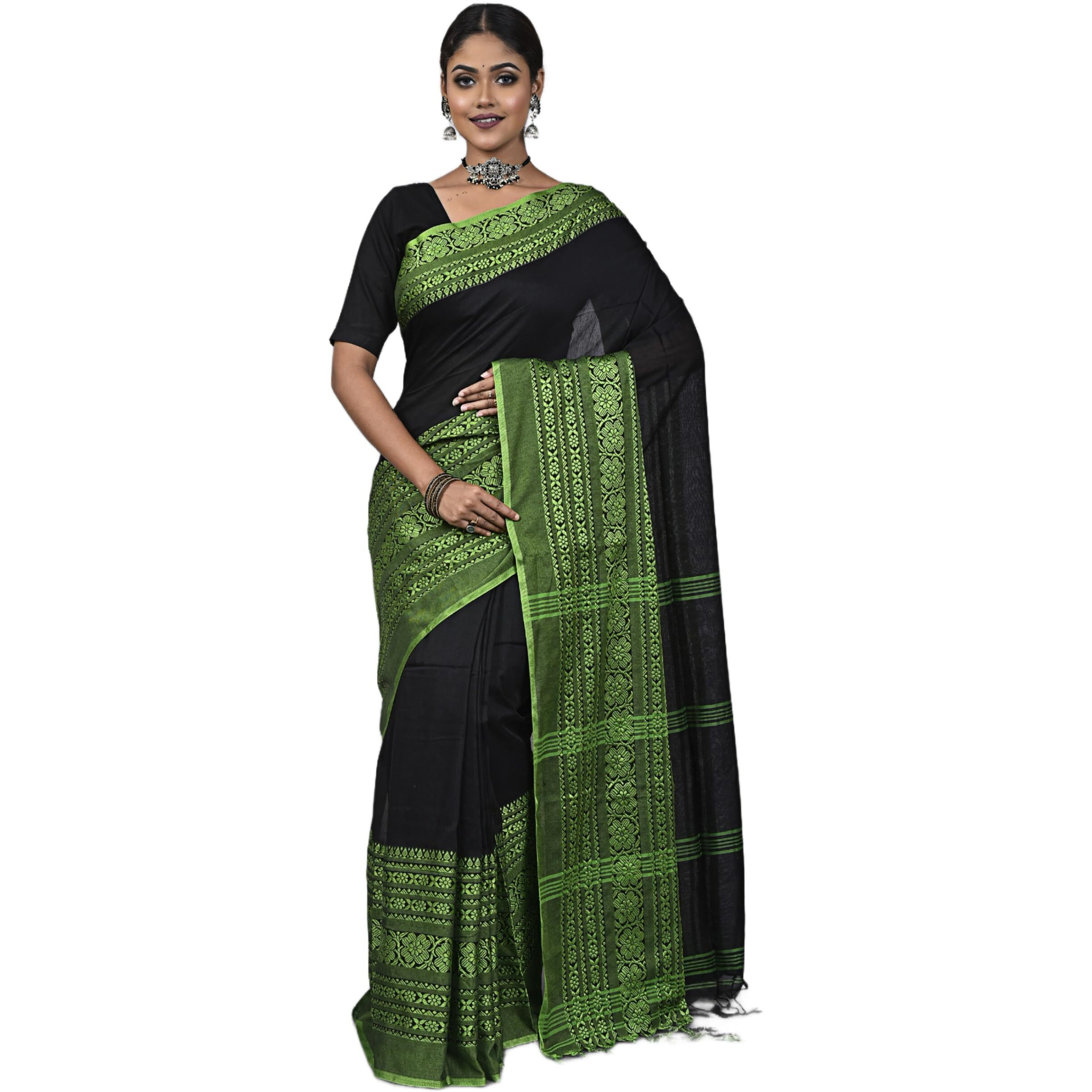Laxmi Handloom Womens Traditional Bengal Handloom Begampuri Cotton Saree (Black Green)