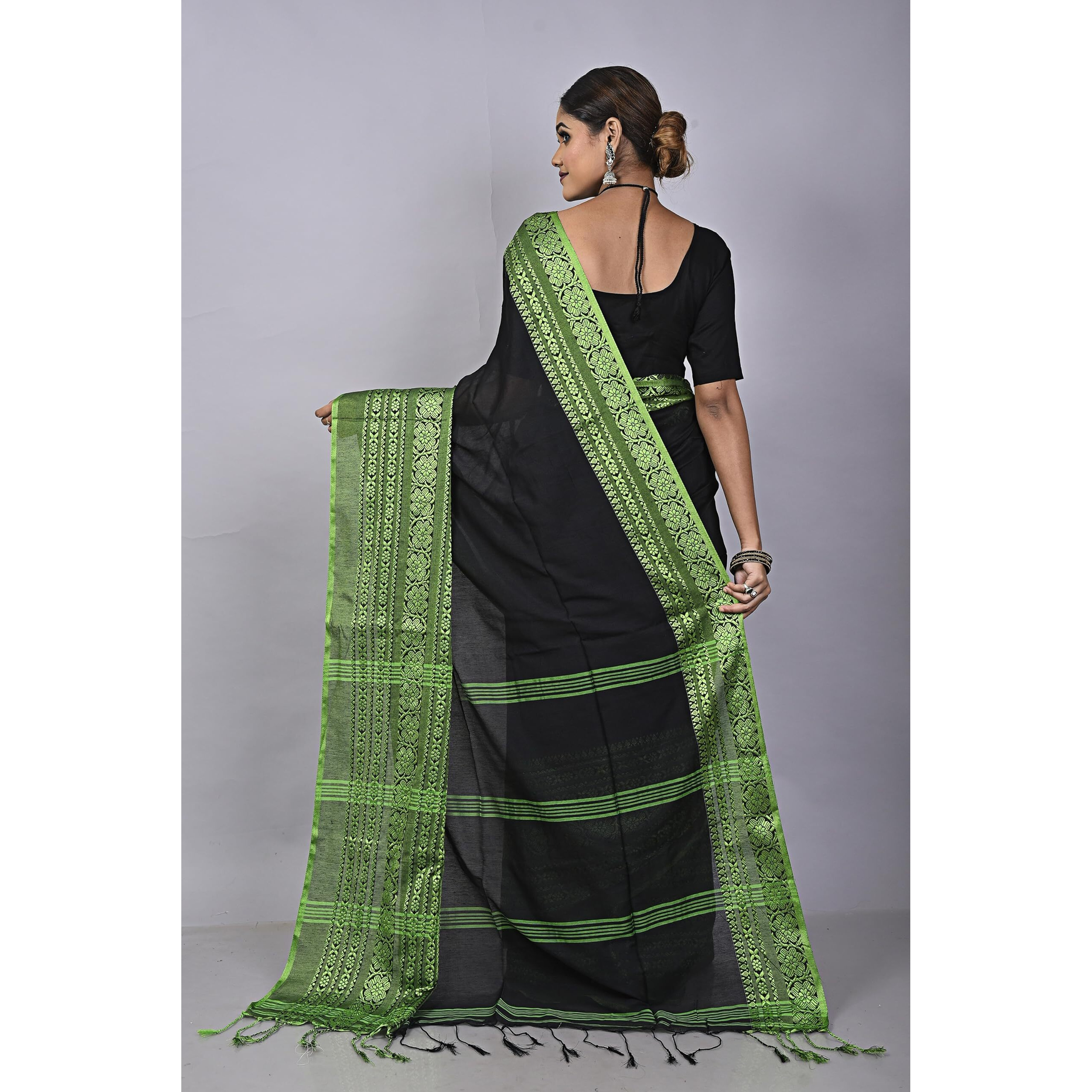 Laxmi Handloom Womens Traditional Bengal Handloom Begampuri Cotton Saree (Black Green)