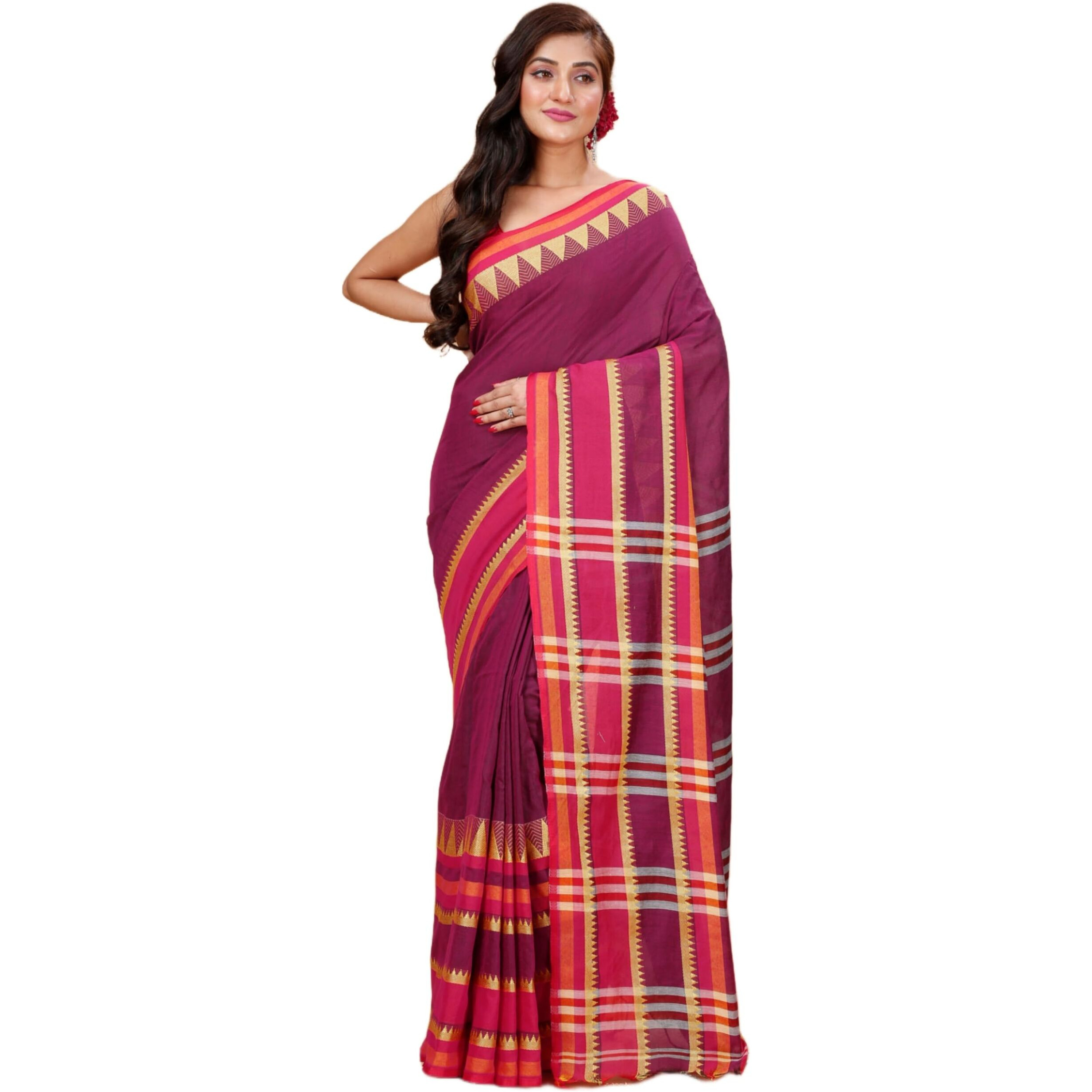 Laxmi Handloom Womens Traditional Bengal Handloom Begampuri Cotton Saree (Magenta)