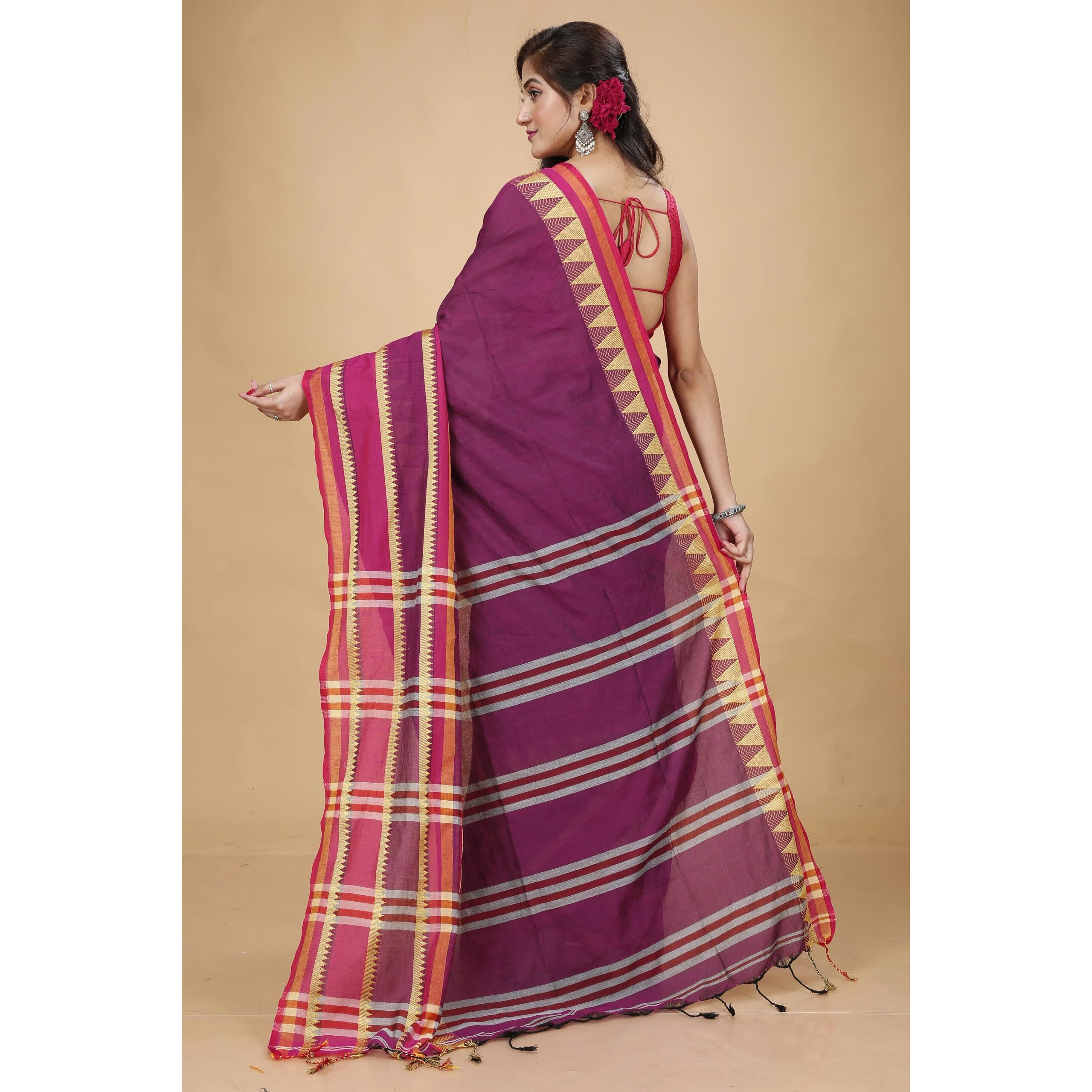 Laxmi Handloom Womens Traditional Bengal Handloom Begampuri Cotton Saree (Magenta)