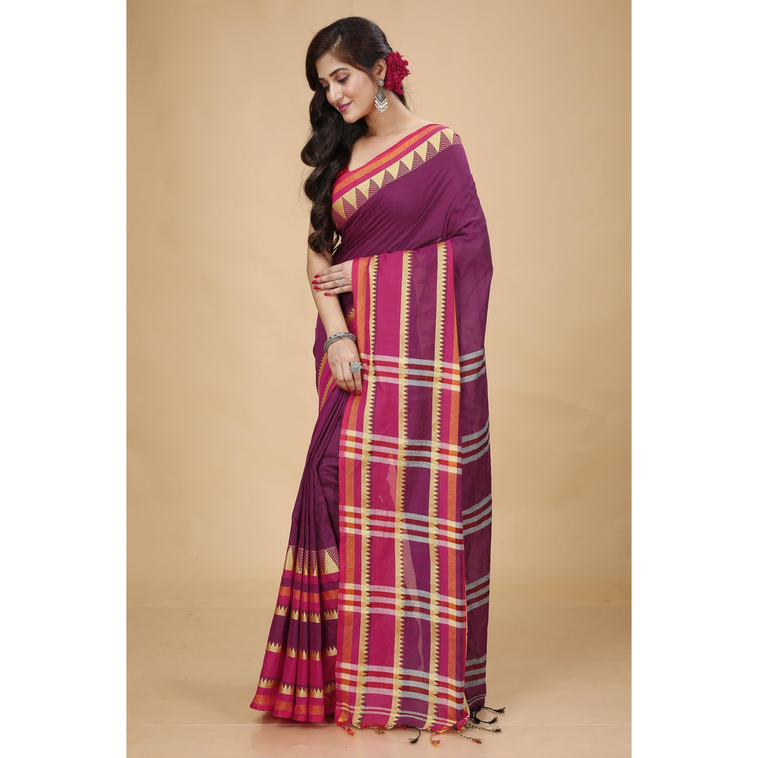 Laxmi Handloom Womens Traditional Bengal Handloom Begampuri Cotton Saree (Magenta)