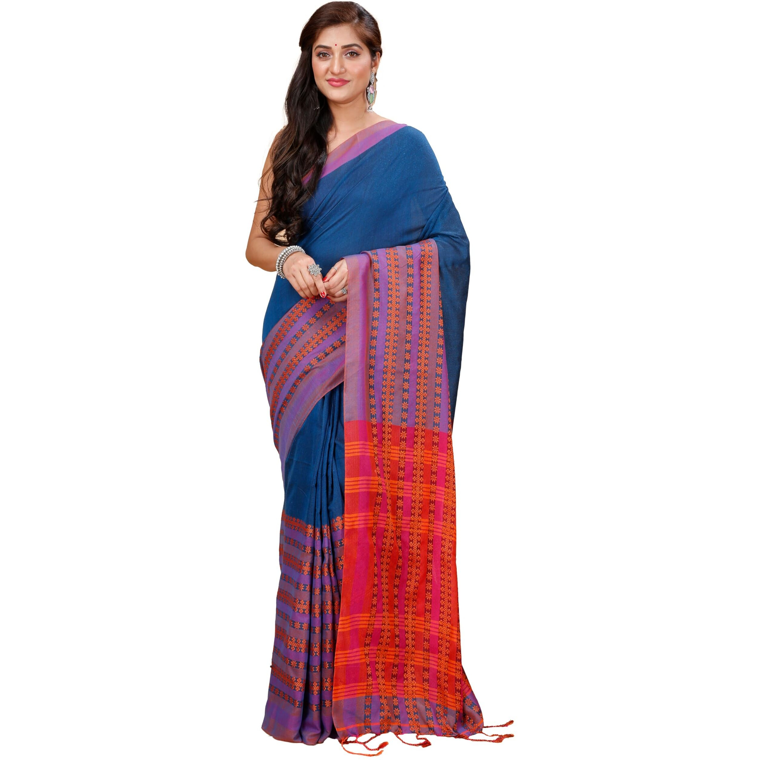 Laxmi Handloom Womens Traditional Bengal Handloom Begampuri Cotton Saree (Blue)