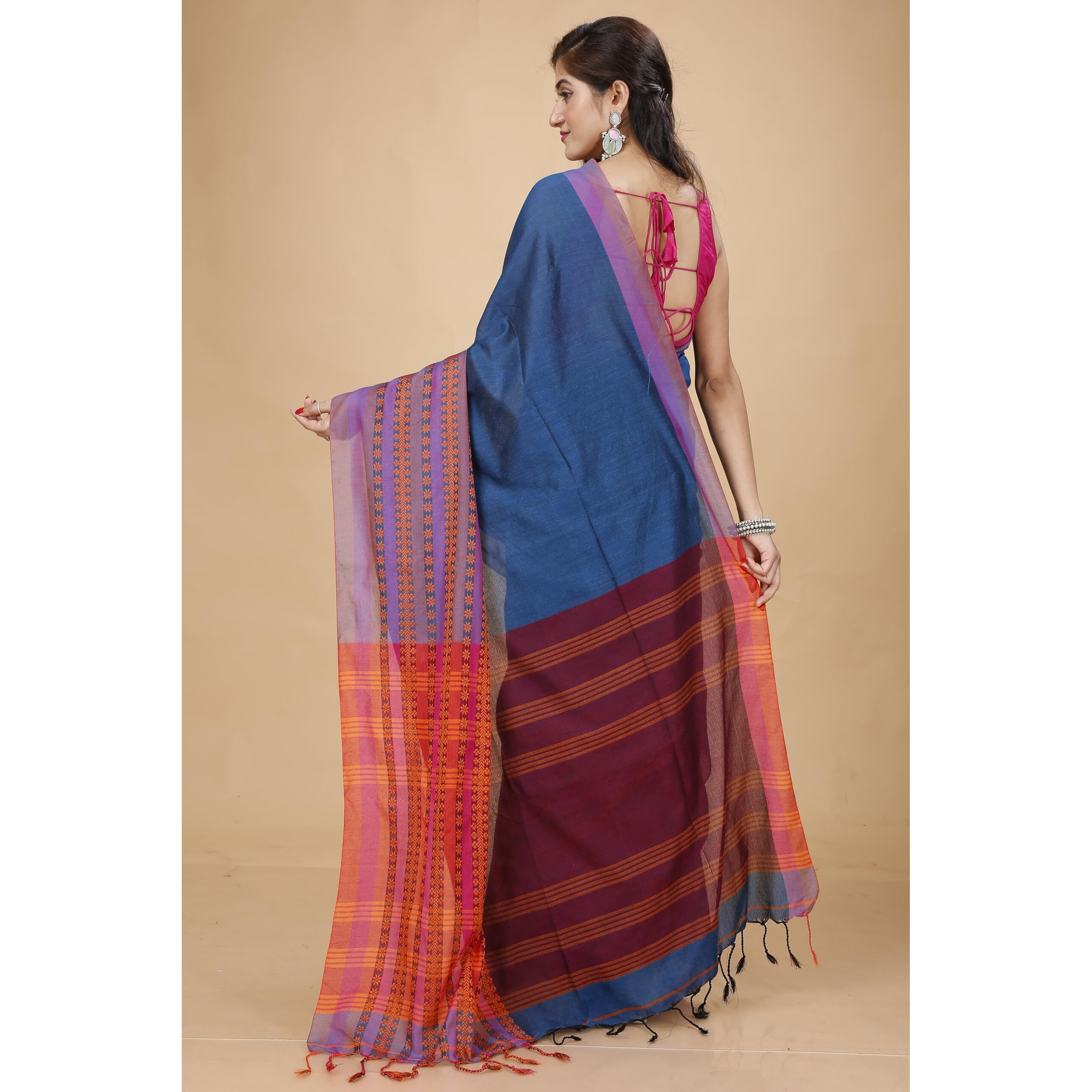 Laxmi Handloom Womens Traditional Bengal Handloom Begampuri Cotton Saree (Blue)