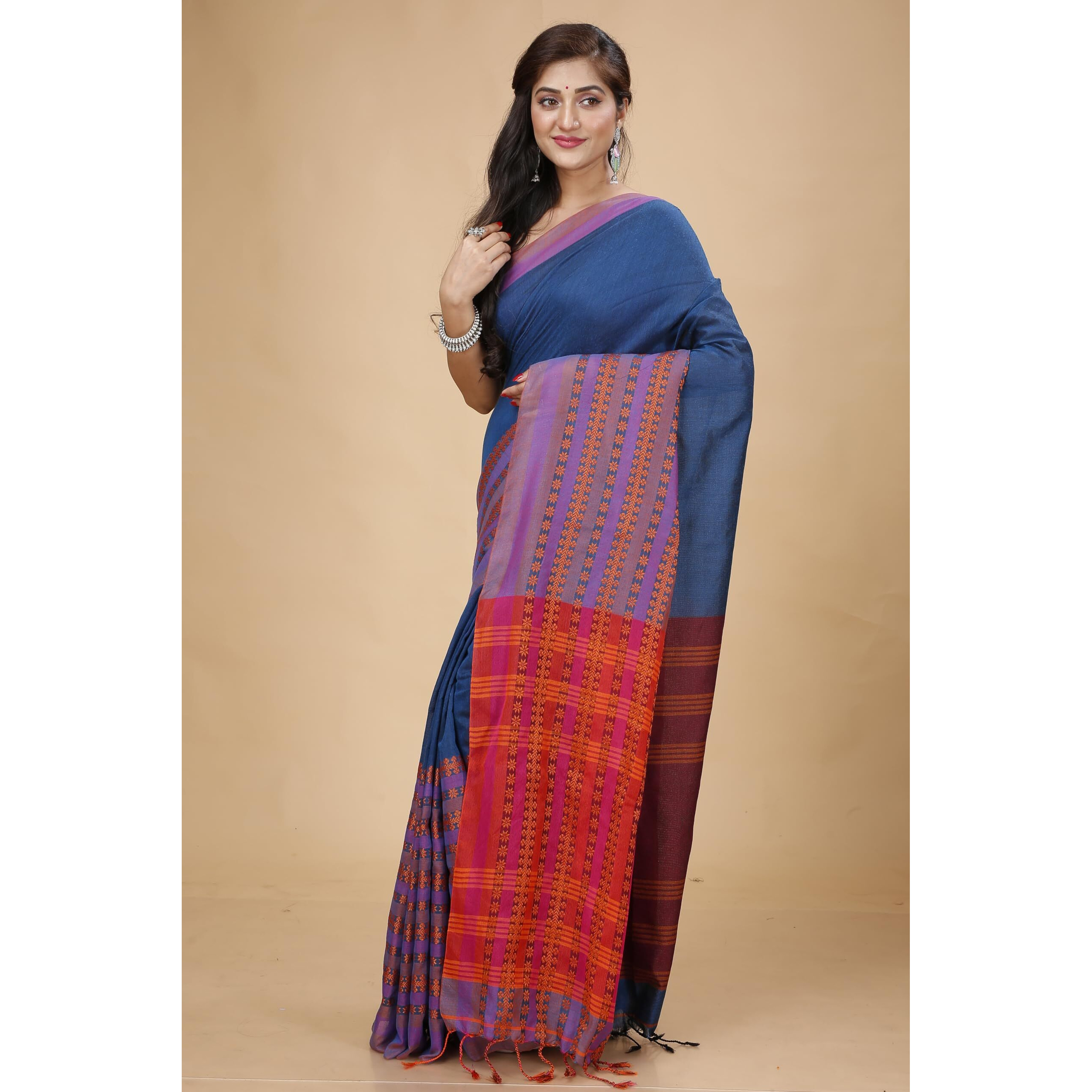 Laxmi Handloom Womens Traditional Bengal Handloom Begampuri Cotton Saree (Blue)