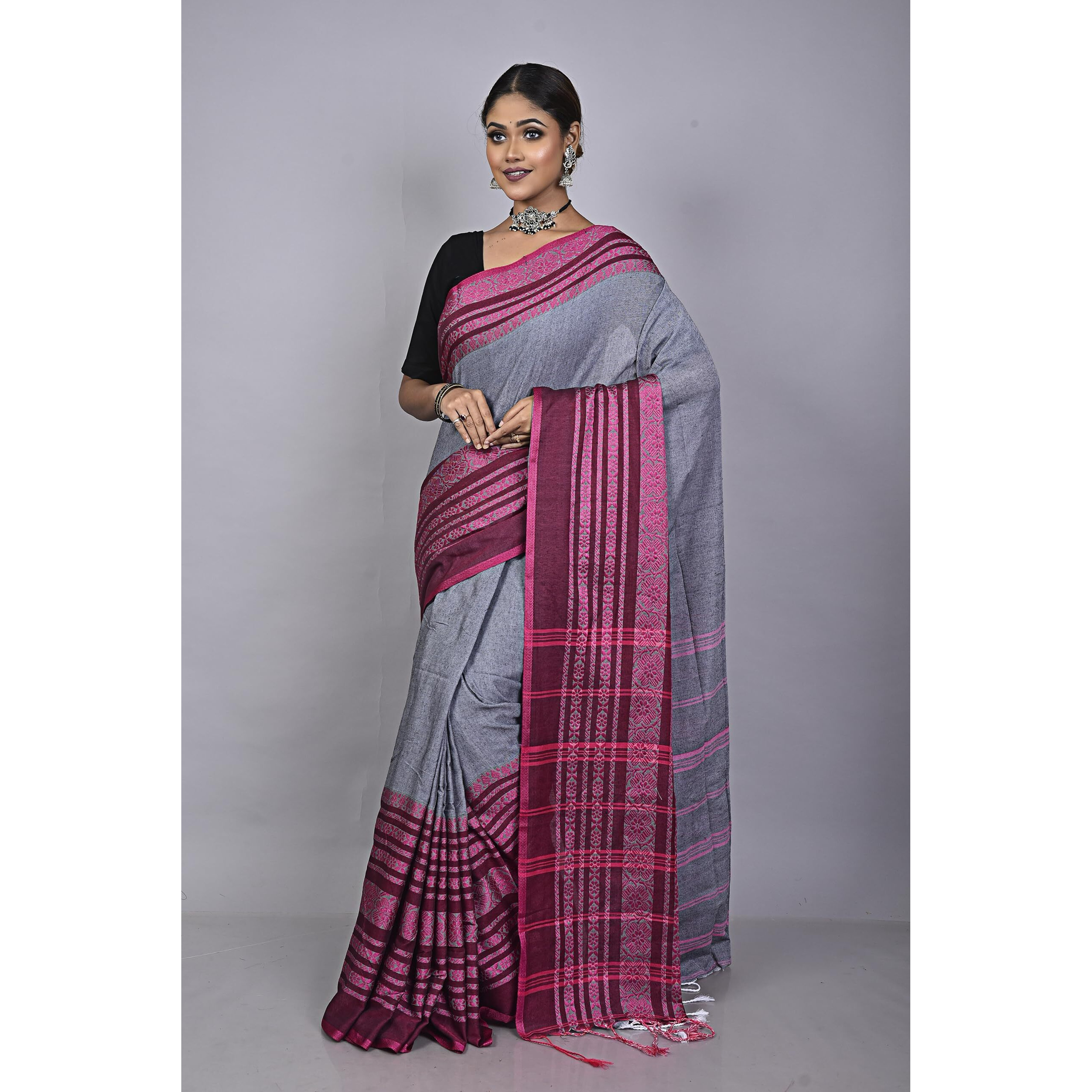 Laxmi Handloom Womens Traditional Bengal Handloom Begampuri Cotton Saree (Grey Pink)