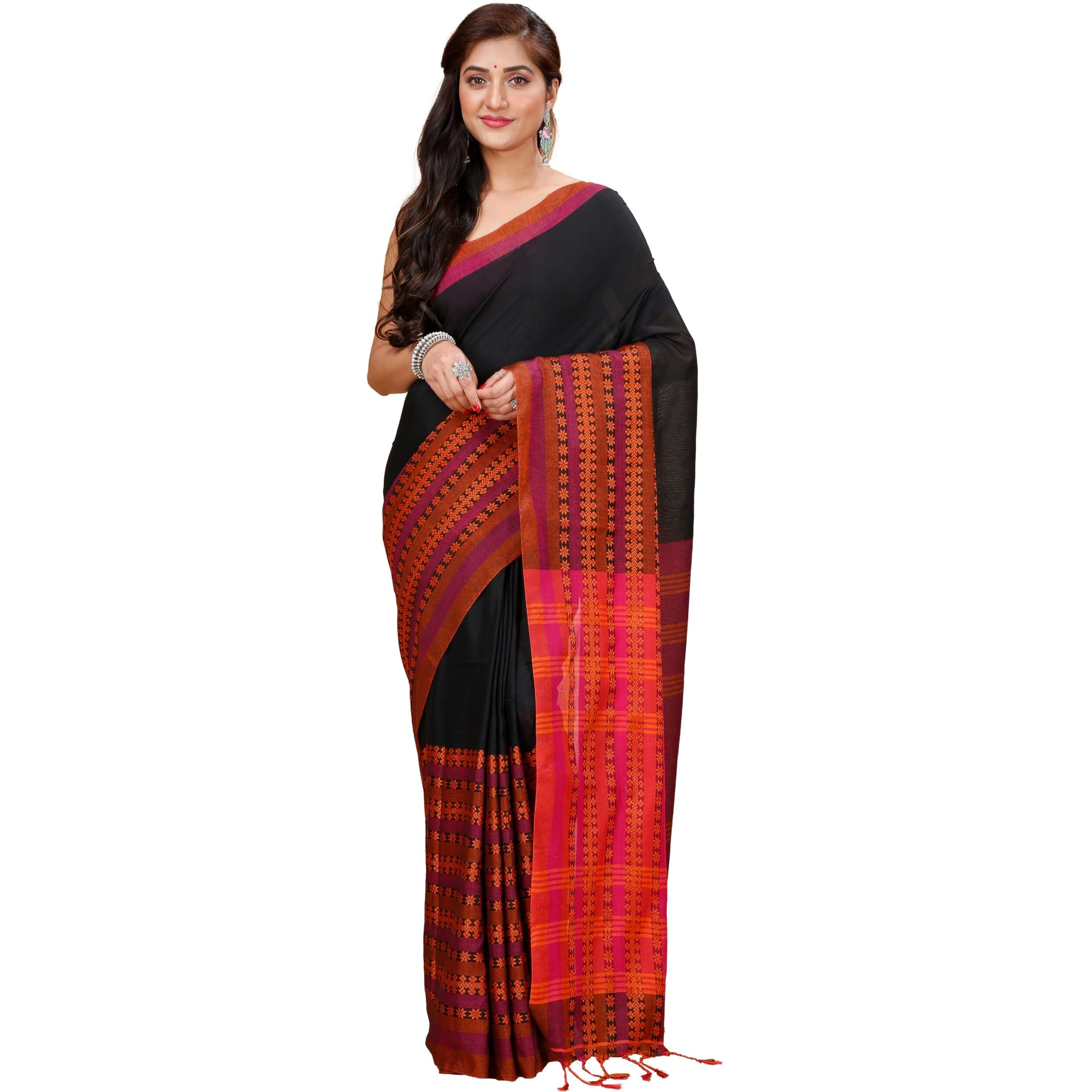 Laxmi Handloom Womens Traditional Bengal Handloom Begampuri Cotton Saree (Black)