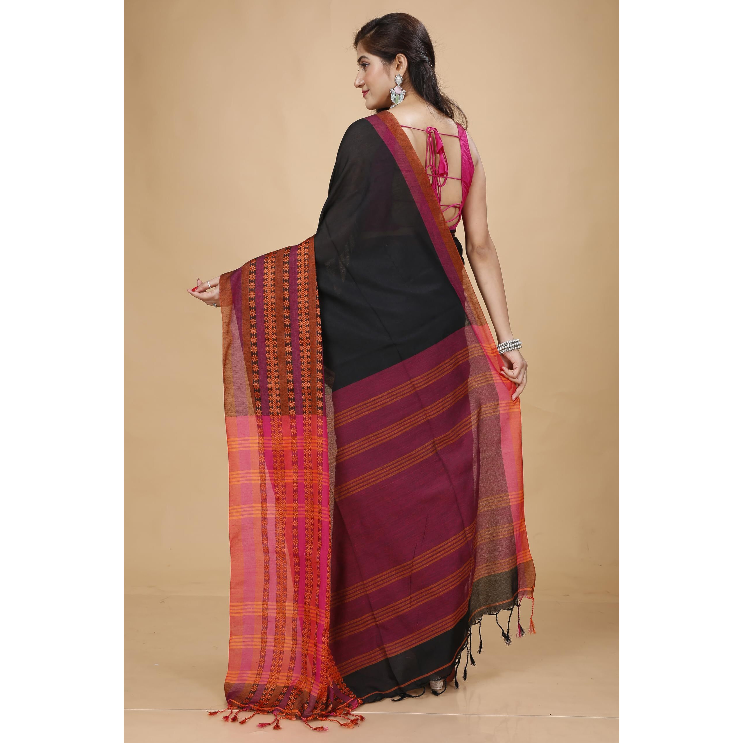 Laxmi Handloom Womens Traditional Bengal Handloom Begampuri Cotton Saree (Black)