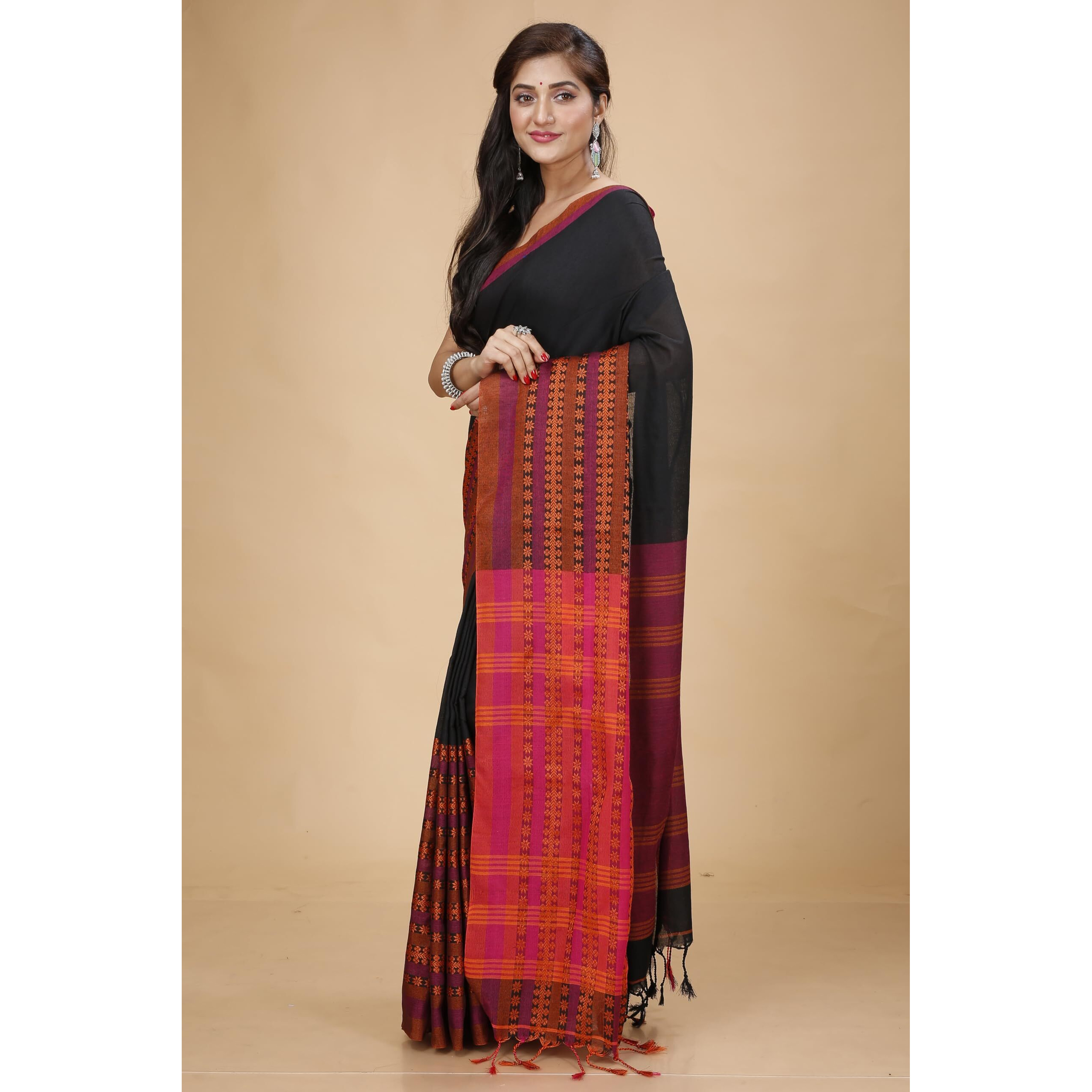 Laxmi Handloom Womens Traditional Bengal Handloom Begampuri Cotton Saree (Black)