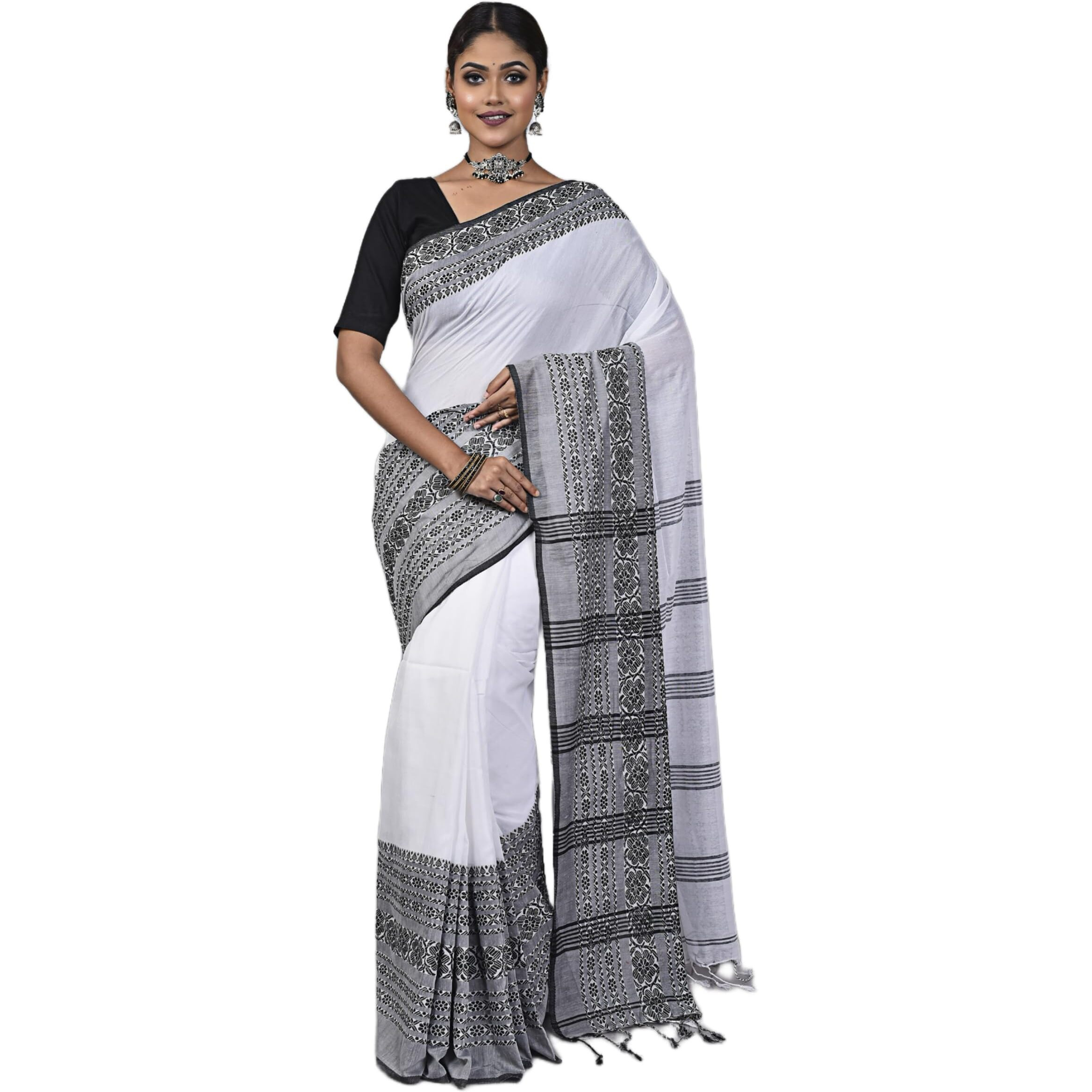 Laxmi Handloom Womens Traditional Bengal Handloom Begampuri Cotton Saree (White Black)