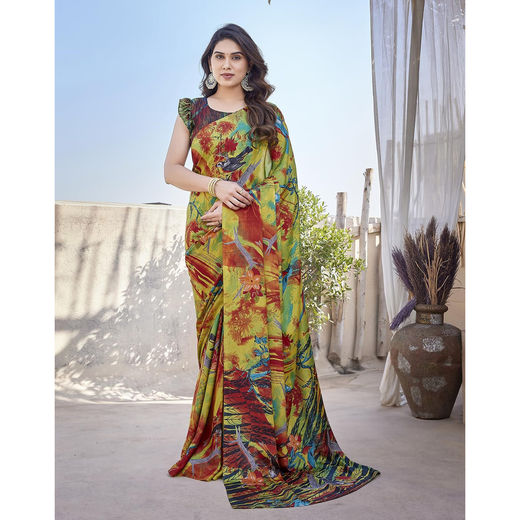 Yashika Womens Elegant Chiffon Saree Ensemble with Blouse Fabric - Embrace Trendy Style in this Exquisite Ethnic Attire (AZ-YS-P1-AASMA RED)