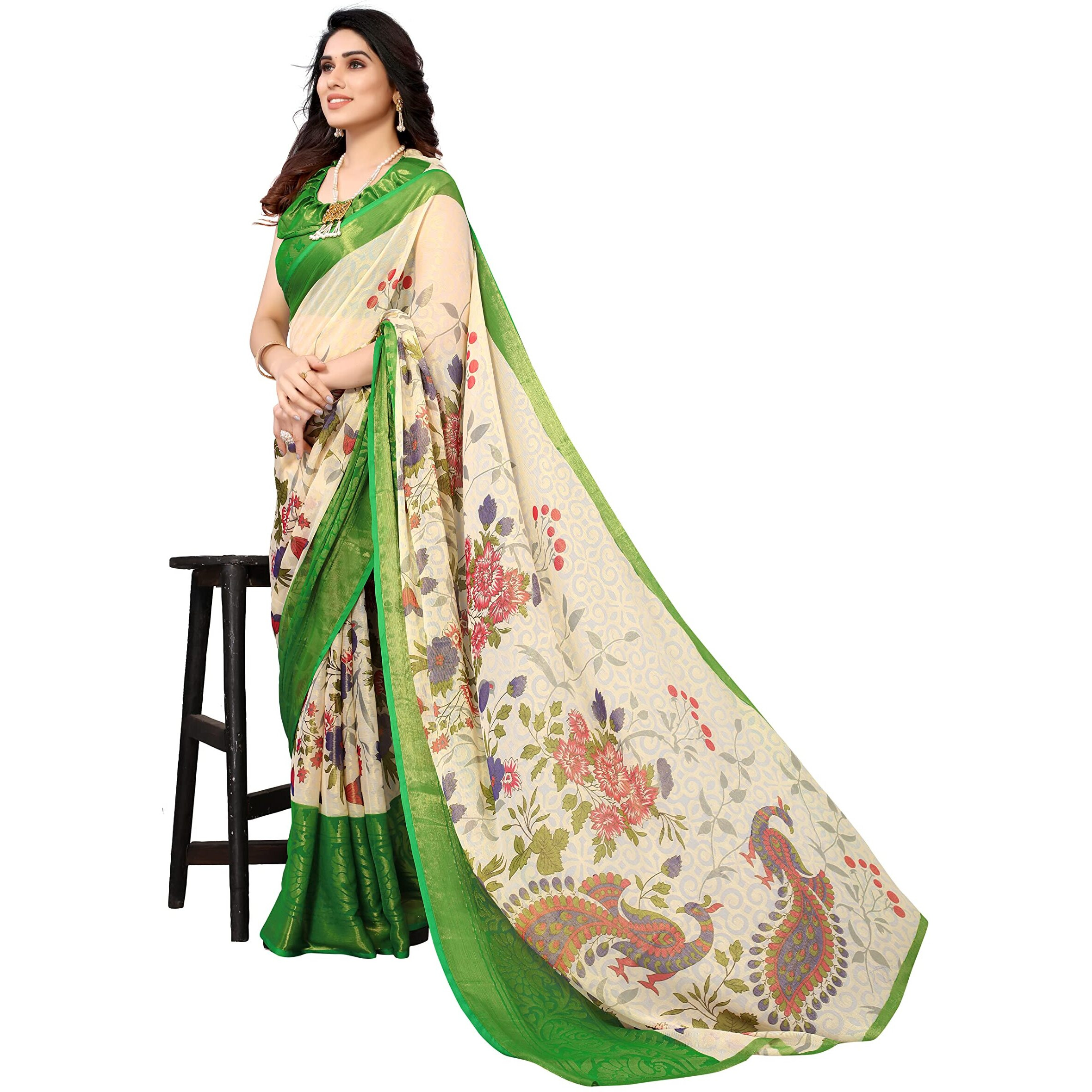 Winza Designer PS Brasso 108 Green_W Plain Chiffon sarees for women