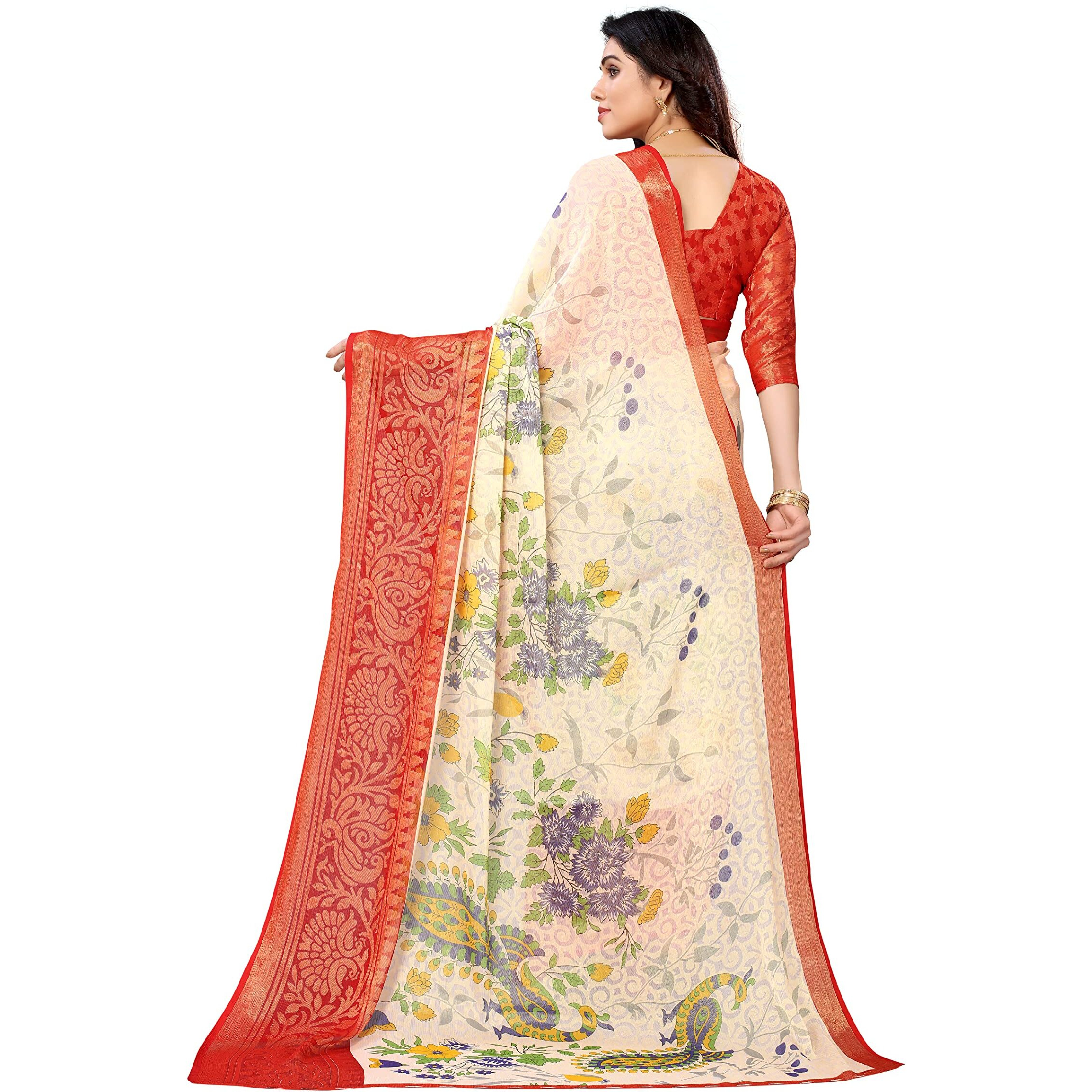 Winza Designer PS Brasso 108 White Red_W Plain Chiffon sarees for women