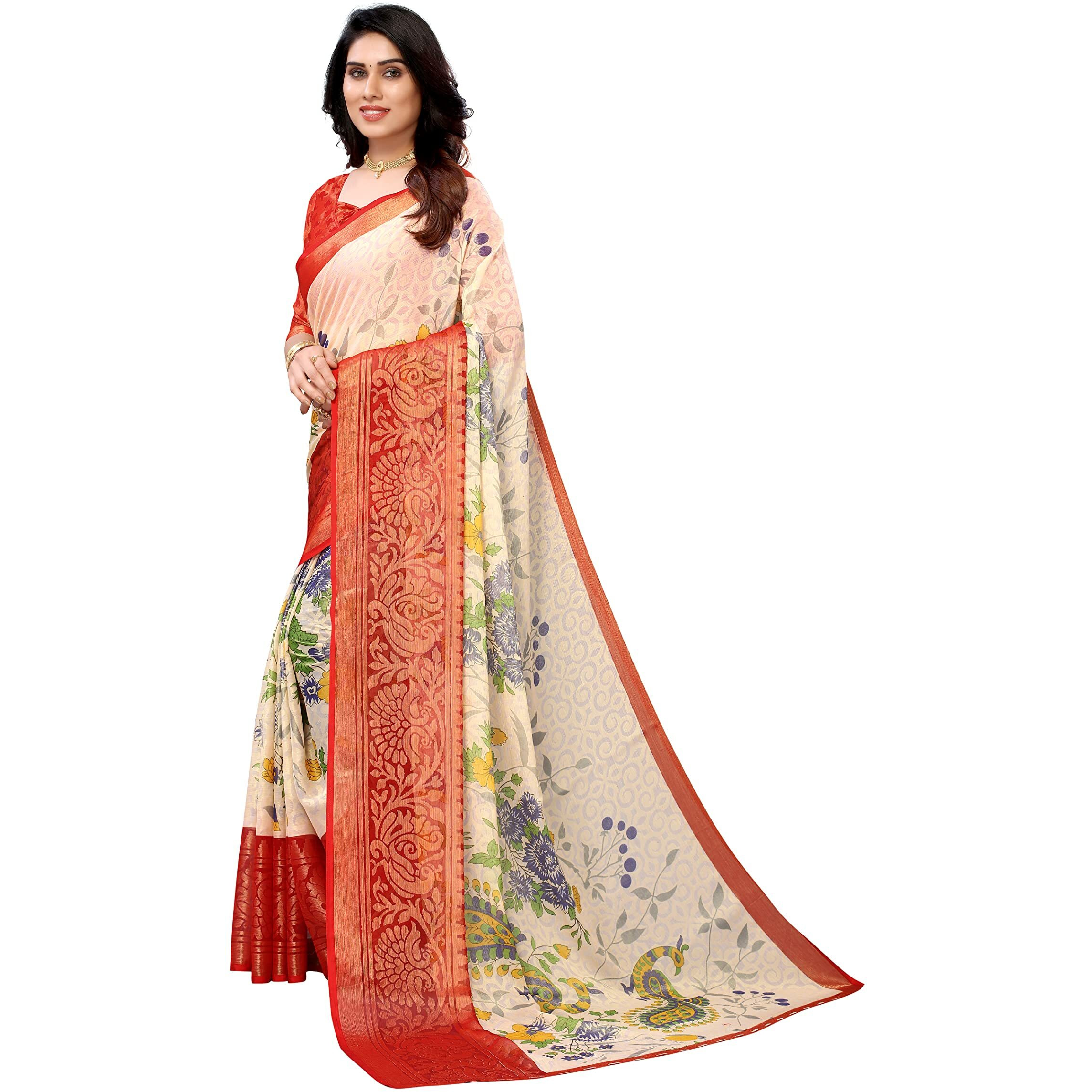 Winza Designer PS Brasso 108 White Red_W Plain Chiffon sarees for women