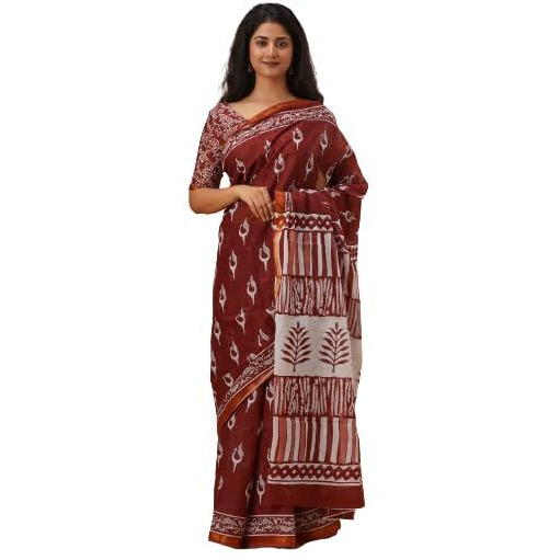 JALTHER Handicrafts Womens Ikat Hand Block Print Jaipuri Cotton Mulmul Saree Zari Border with Blouse Piece_Maroon_8