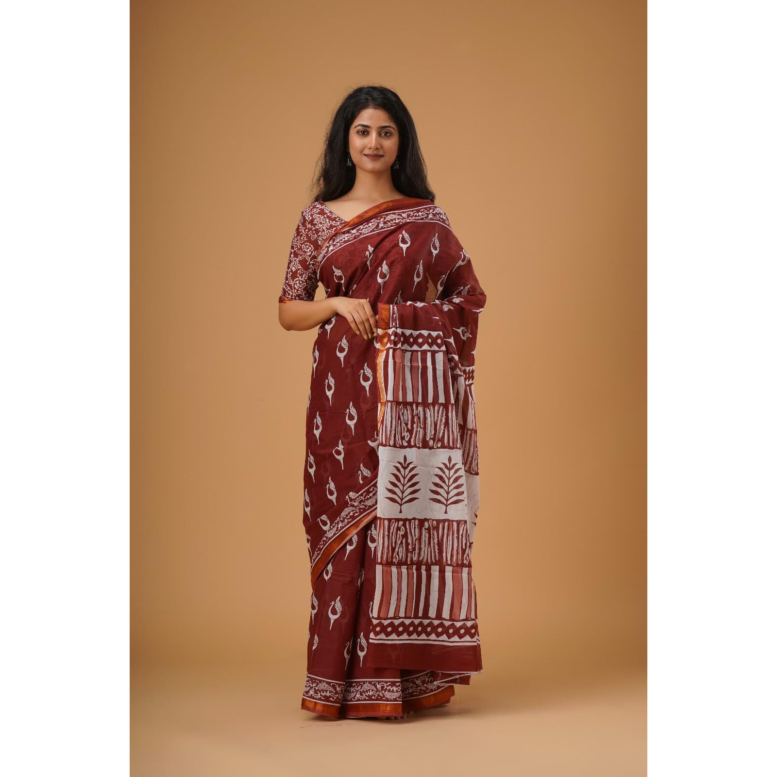 JALTHER Handicrafts Womens Ikat Hand Block Print Jaipuri Cotton Mulmul Saree Zari Border with Blouse Piece_Maroon_8
