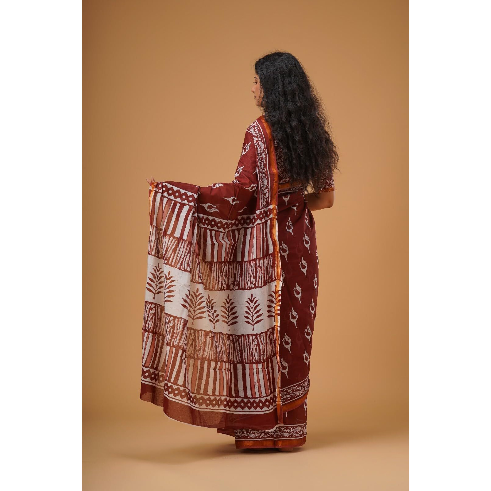 JALTHER Handicrafts Womens Ikat Hand Block Print Jaipuri Cotton Mulmul Saree Zari Border with Blouse Piece_Maroon_8