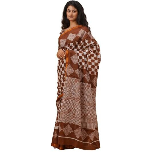 JALTHER Handicrafts Womens Ikat Hand Block Print Jaipuri Cotton Mulmul Saree Zari Border with Blouse Piece_Brown_10