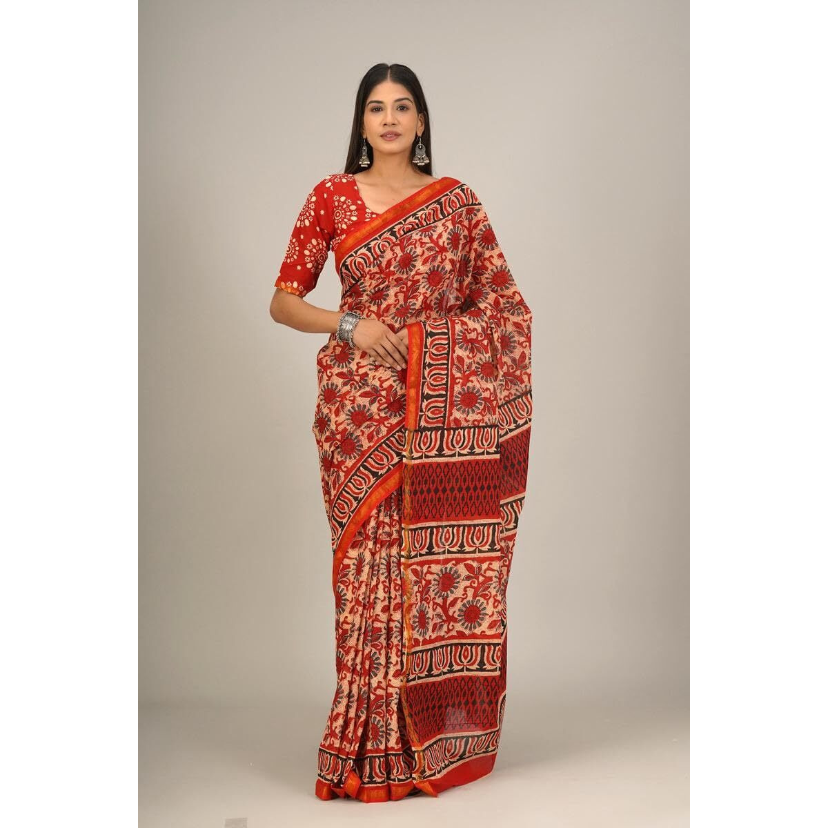 JALTHER Handicrafts Womens Ikat Hand Block Print Jaipuri Cotton Mulmul Saree Zari Border with Blouse Piece_Red_38