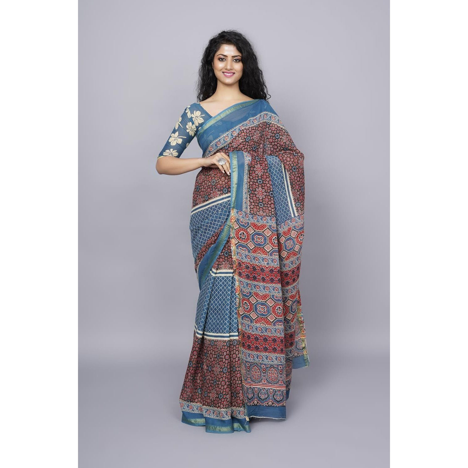 JALTHER Handicrafts Womens Ikat Hand Block Print Jaipuri Cotton Mulmul Saree Zari Border with Blouse Piece_Blue_30
