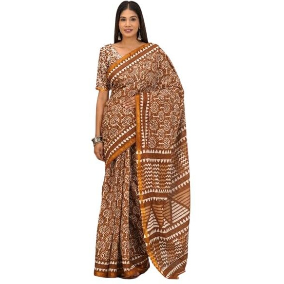 JALTHER Handicrafts Womens Ikat Hand Block Print Jaipuri Cotton Mulmul Saree Zari Border with Blouse Piece_Brown_41
