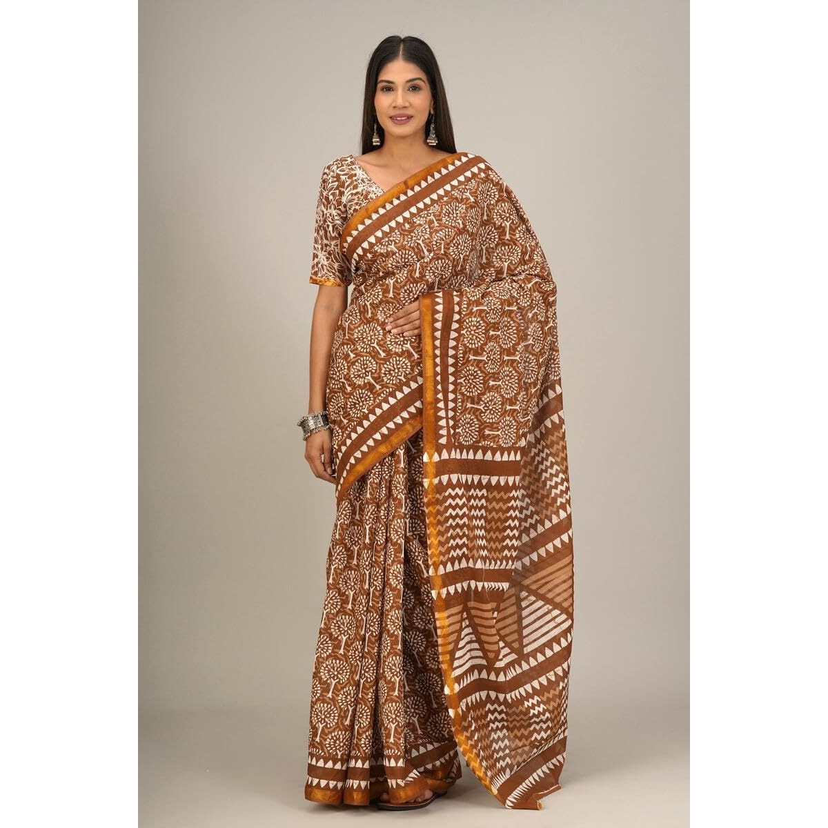 JALTHER Handicrafts Womens Ikat Hand Block Print Jaipuri Cotton Mulmul Saree Zari Border with Blouse Piece_Brown_41