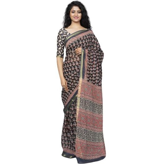 JALTHER Handicrafts Womens Ikat Hand Block Print Jaipuri Cotton Mulmul Saree Zari Border with Blouse Piece_Black_26