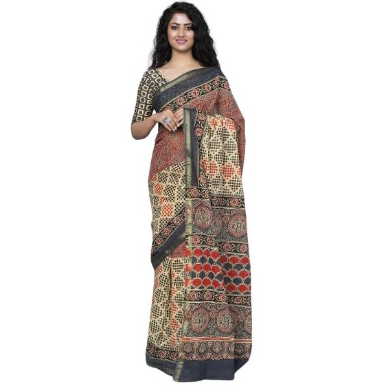 JALTHER Handicrafts Womens Ikat Hand Block Print Jaipuri Cotton Mulmul Saree Zari Border with Blouse Piece_Grey_25