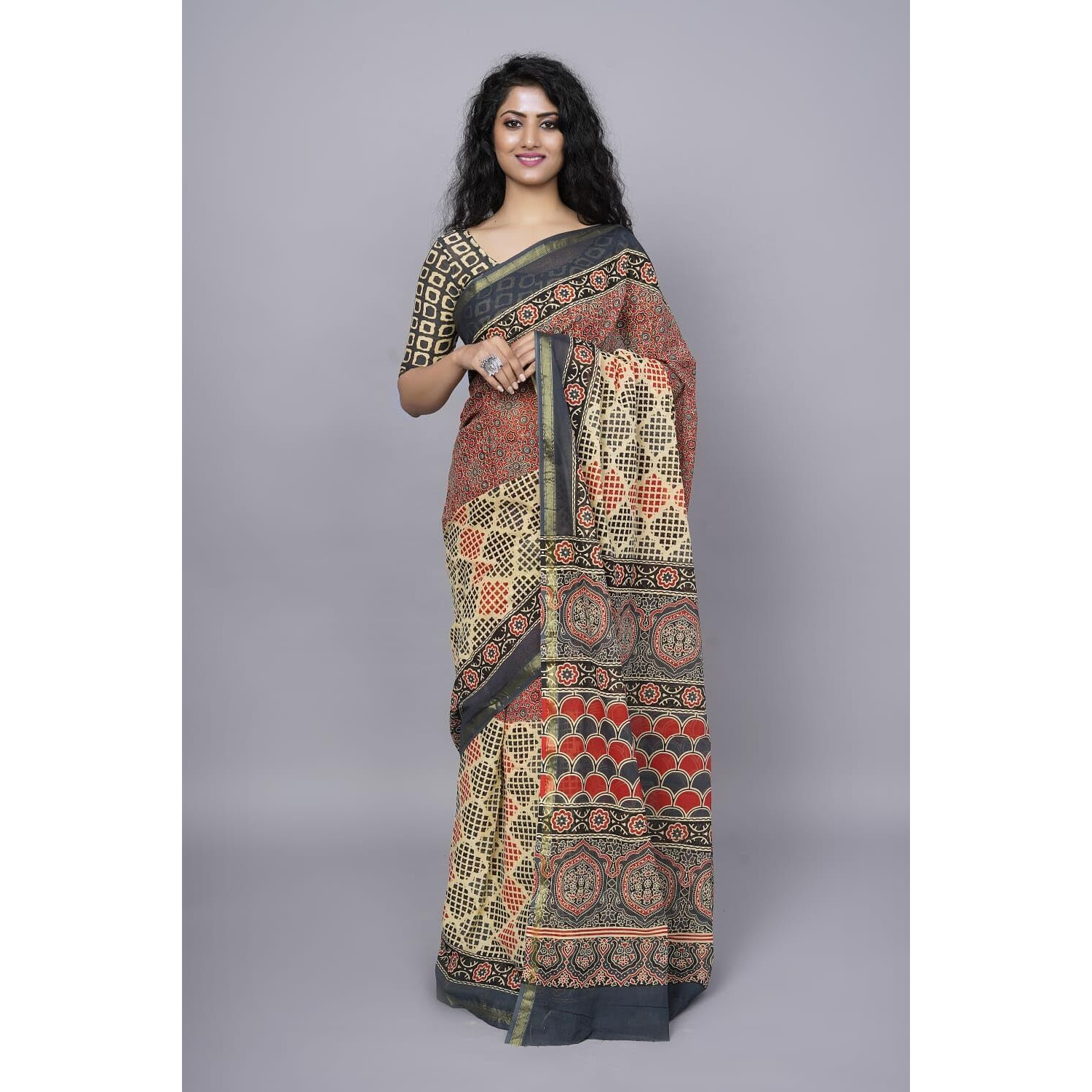 JALTHER Handicrafts Womens Ikat Hand Block Print Jaipuri Cotton Mulmul Saree Zari Border with Blouse Piece_Grey_25