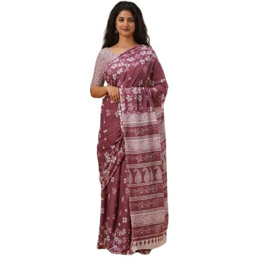 JALTHER Handicrafts Womens Ikat Hand Block Print Jaipuri Cotton Mulmul Saree with Blouse Piece - Purple_25