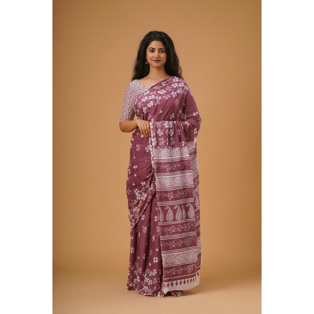 JALTHER Handicrafts Womens Ikat Hand Block Print Jaipuri Cotton Mulmul Saree with Blouse Piece - Purple_25