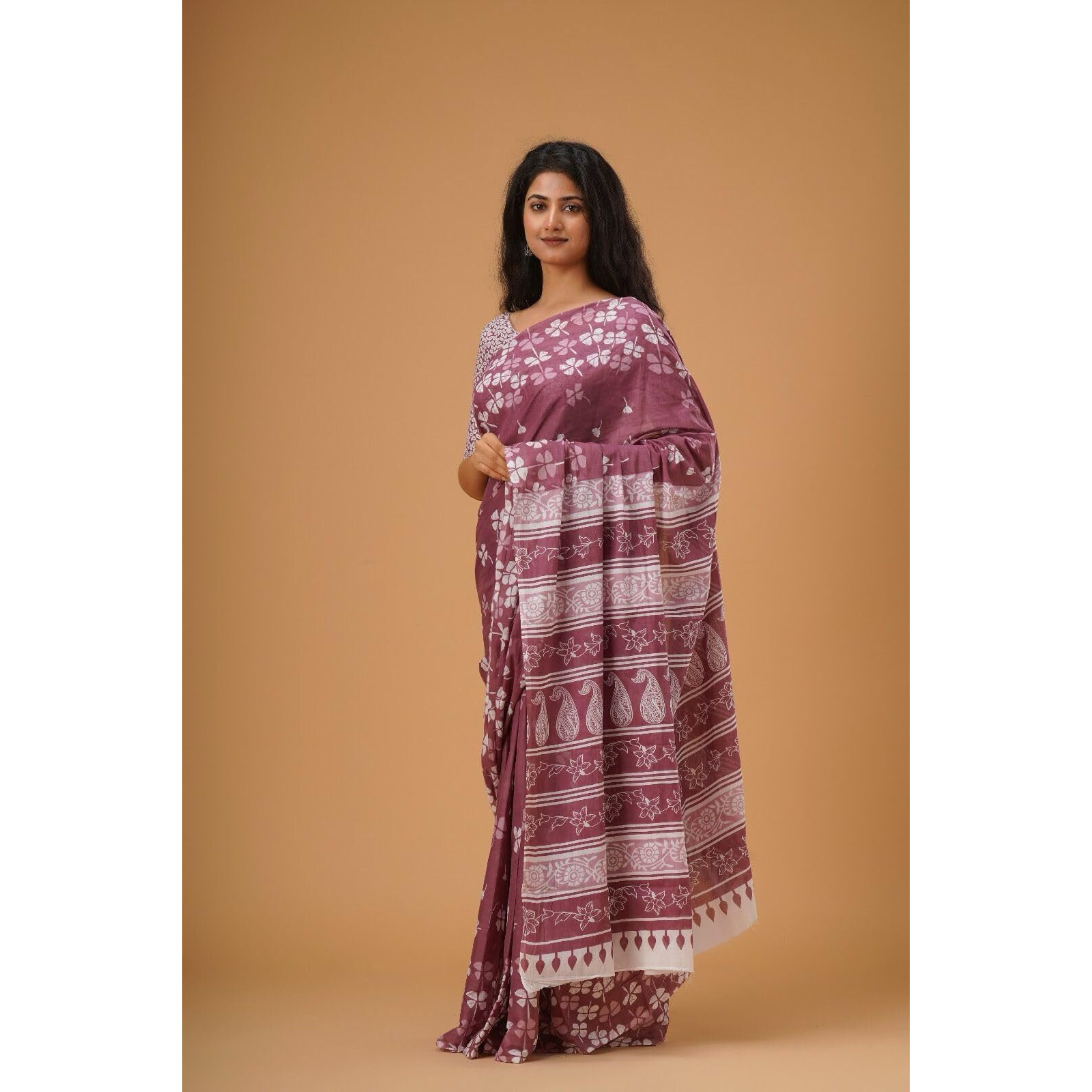 JALTHER Handicrafts Womens Ikat Hand Block Print Jaipuri Cotton Mulmul Saree with Blouse Piece - Purple_25