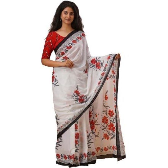 JALTHER Handicrafts Womens Ikat Hand Block Print Jaipuri Cotton Mulmul Saree with Blouse Piece - White_27