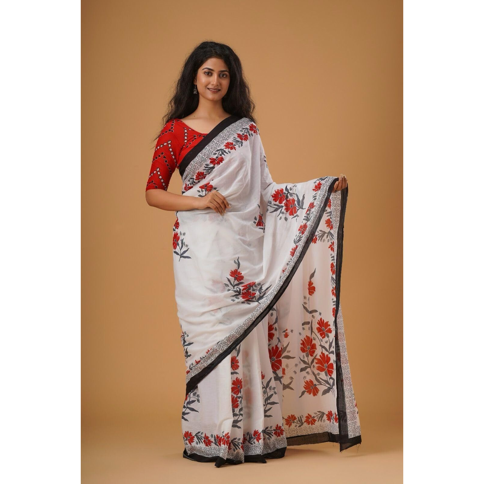 JALTHER Handicrafts Womens Ikat Hand Block Print Jaipuri Cotton Mulmul Saree with Blouse Piece - White_27