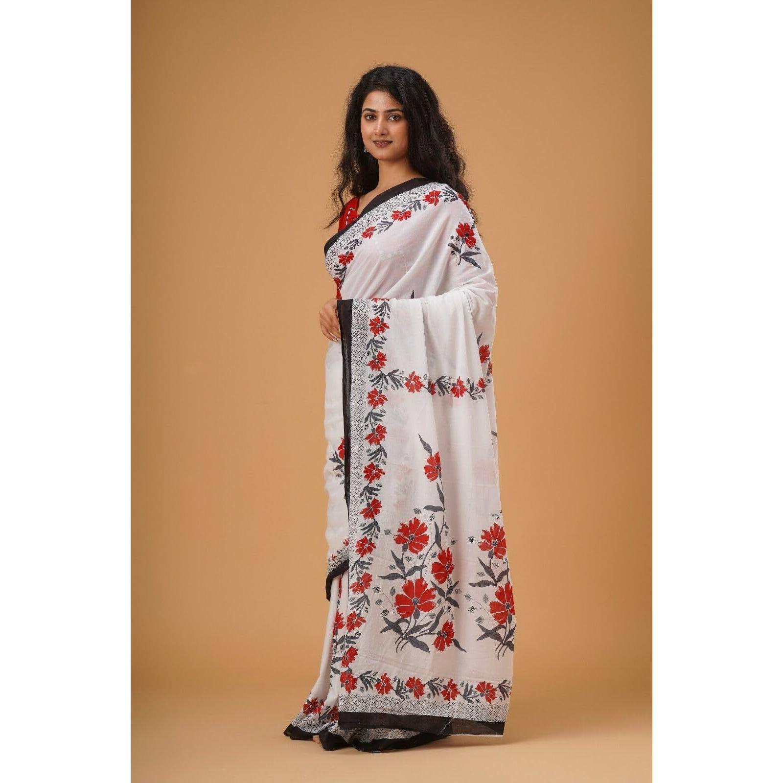 JALTHER Handicrafts Womens Ikat Hand Block Print Jaipuri Cotton Mulmul Saree with Blouse Piece - White_27