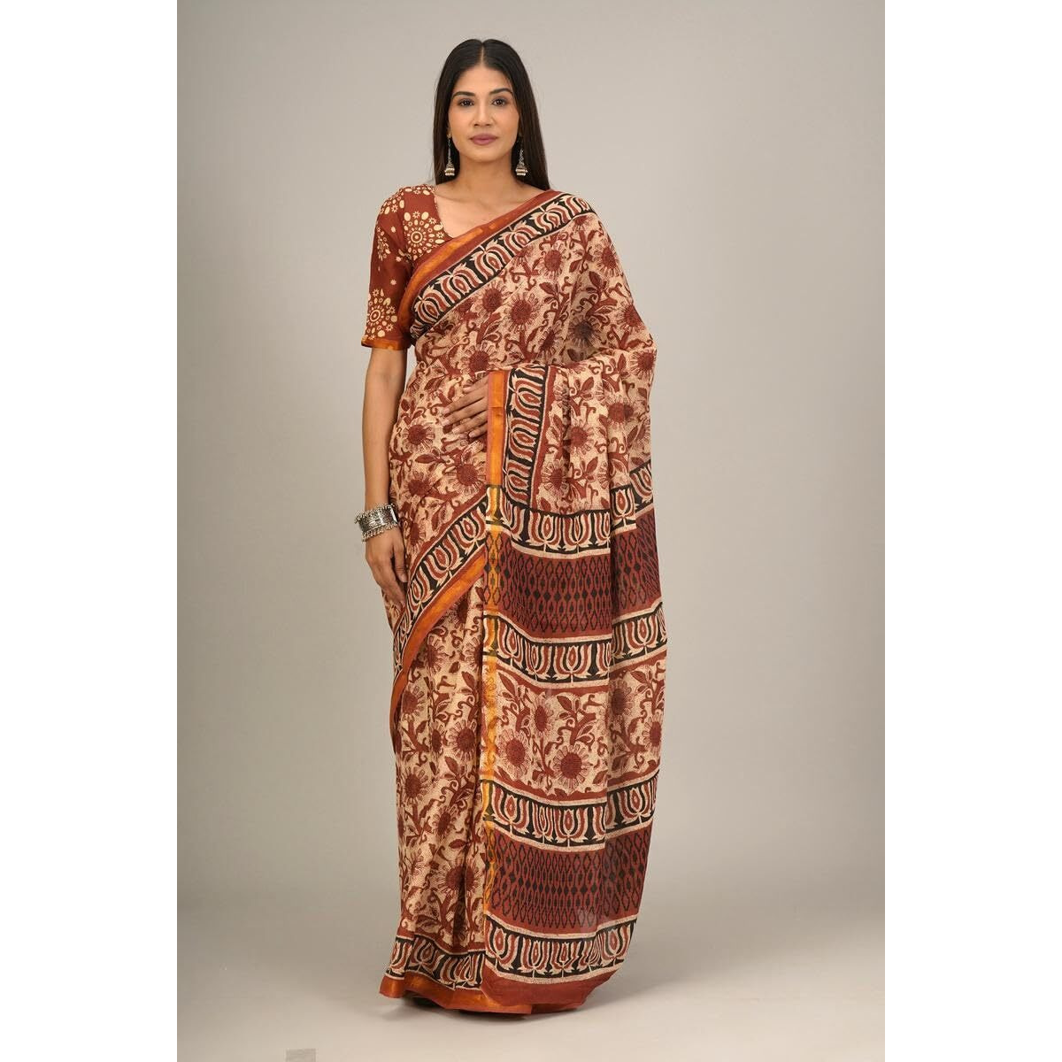 JALTHER Handicrafts Womens Ikat Hand Block Print Jaipuri Cotton Mulmul Saree Zari Border with Blouse Piece_Cream_37