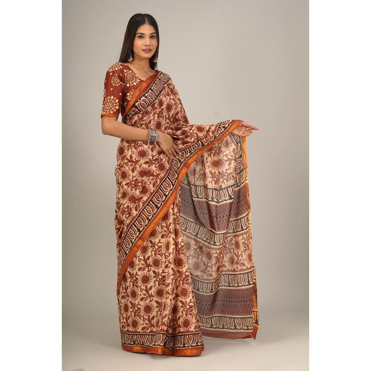 JALTHER Handicrafts Womens Ikat Hand Block Print Jaipuri Cotton Mulmul Saree Zari Border with Blouse Piece_Cream_37