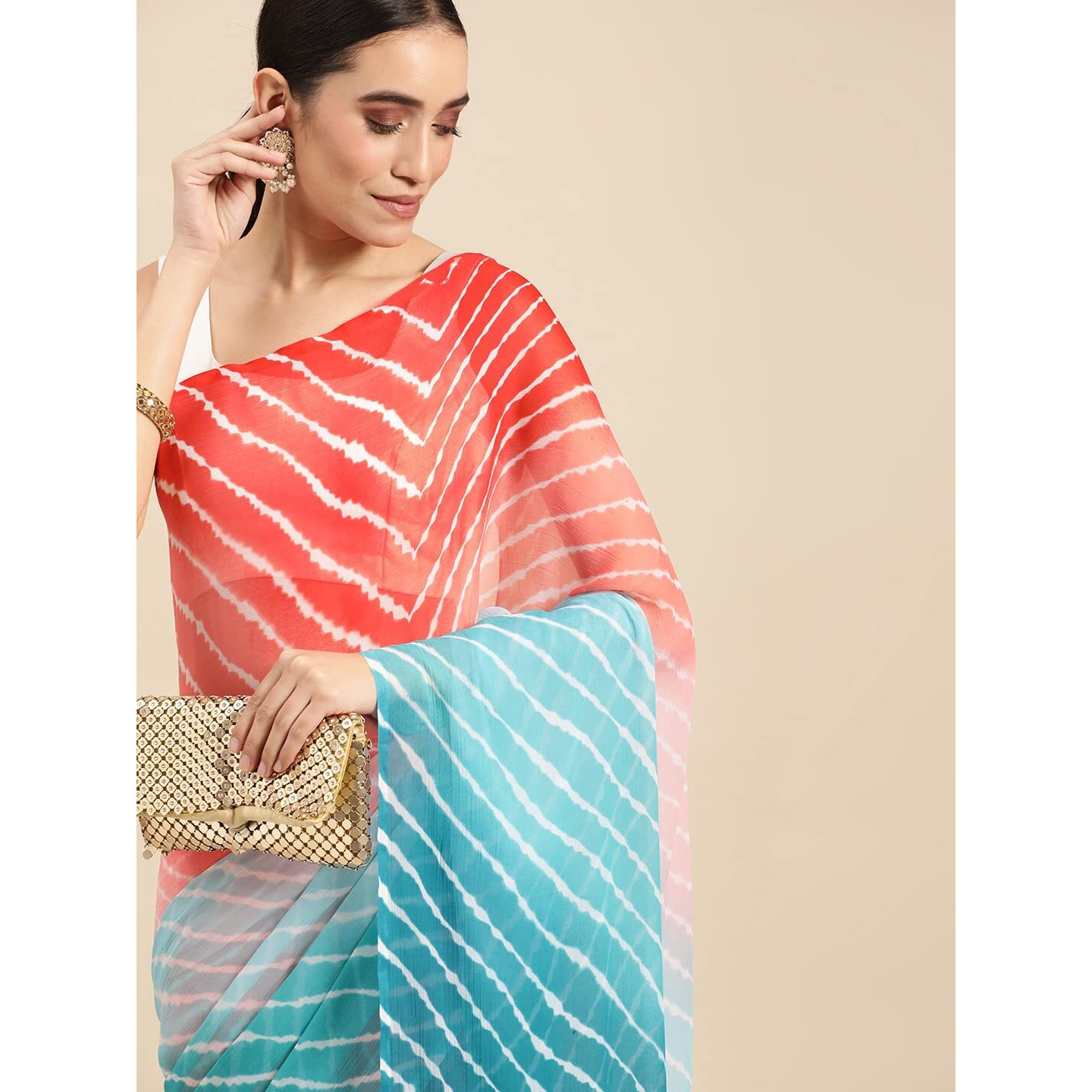 RANI SAAHIBA Womens Chiffon Lehriya Printed Saree Without Blouse (SSKR9117_Turquoise-Red)