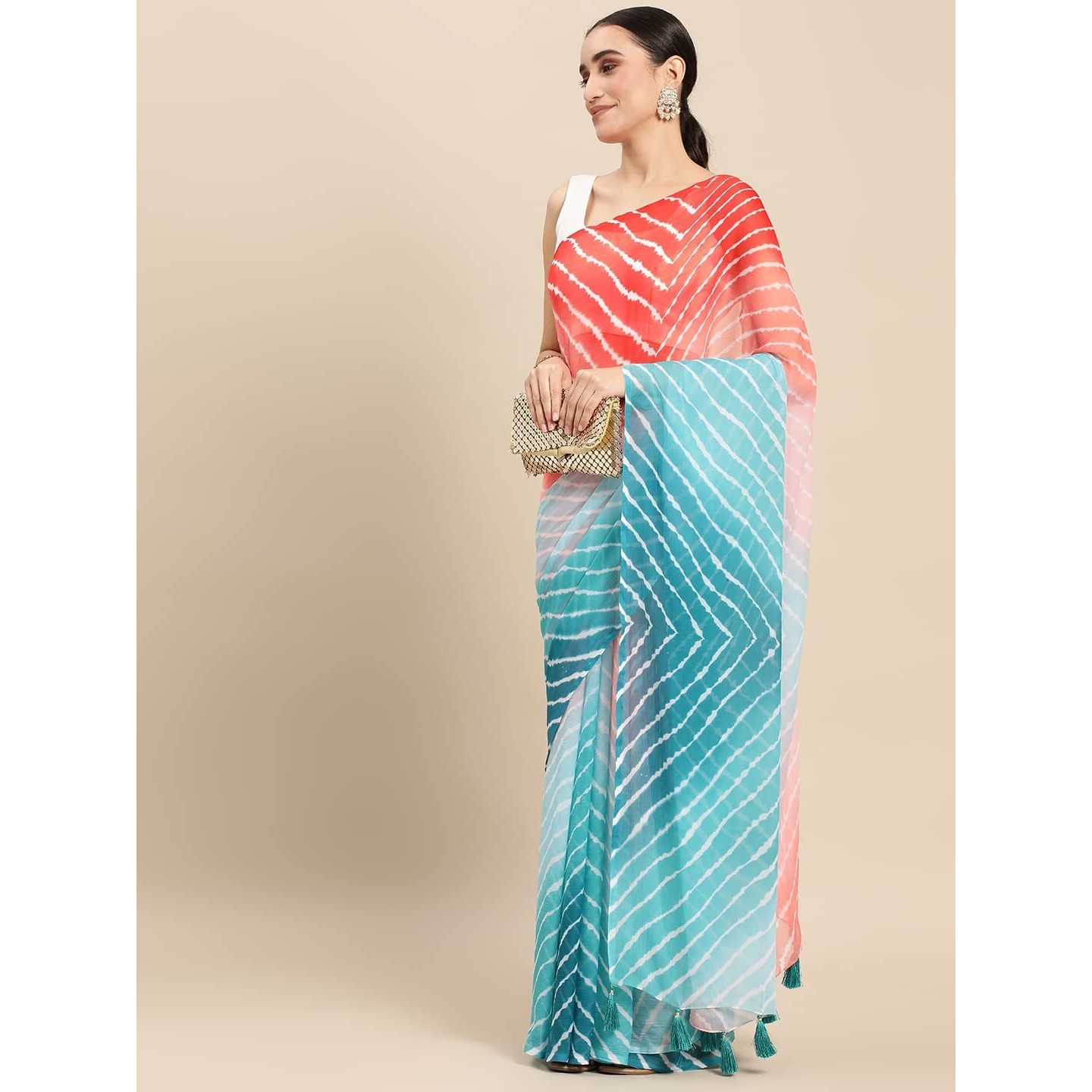 RANI SAAHIBA Womens Chiffon Lehriya Printed Saree Without Blouse (SSKR9117_Turquoise-Red)