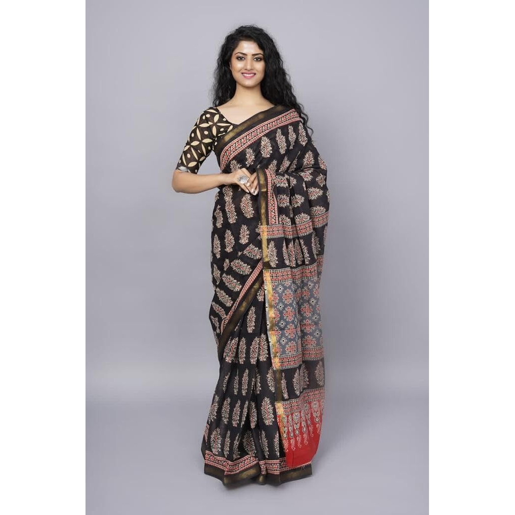 JALTHER Handicrafts Womens Ikat Hand Block Print Jaipuri Cotton Mulmul Saree Zari Border with Blouse Piece_Black_29