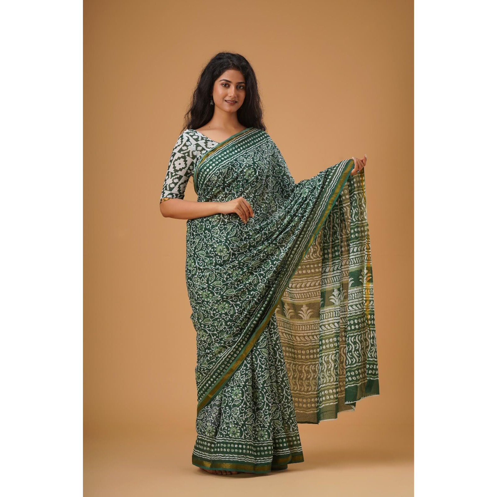 JALTHER Handicrafts Womens Ikat Hand Block Print Jaipuri Cotton Mulmul Saree Zari Border with Blouse Piece_Green_14