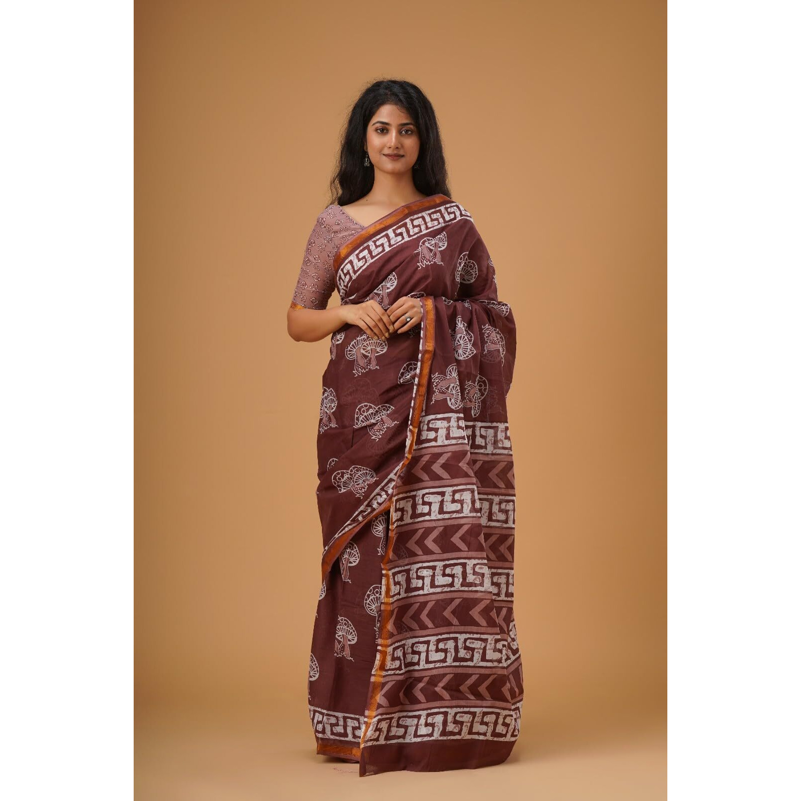 JALTHER Handicrafts Womens Ikat Hand Block Print Jaipuri Cotton Mulmul Saree Zari Border with Blouse Piece_Maroon_11