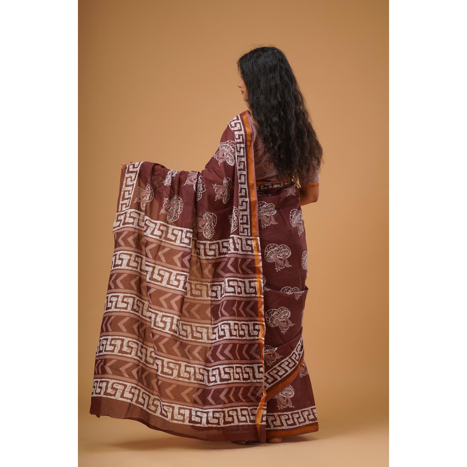 JALTHER Handicrafts Womens Ikat Hand Block Print Jaipuri Cotton Mulmul Saree Zari Border with Blouse Piece_Maroon_11
