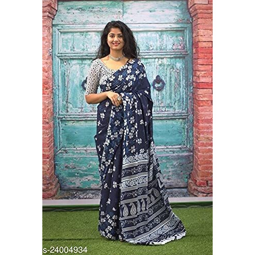 JALTHER Womens Ikat Hand Block Print Jaipuri Cotton Mulmul Saree with Blouse Piece -Blue_Jal551
