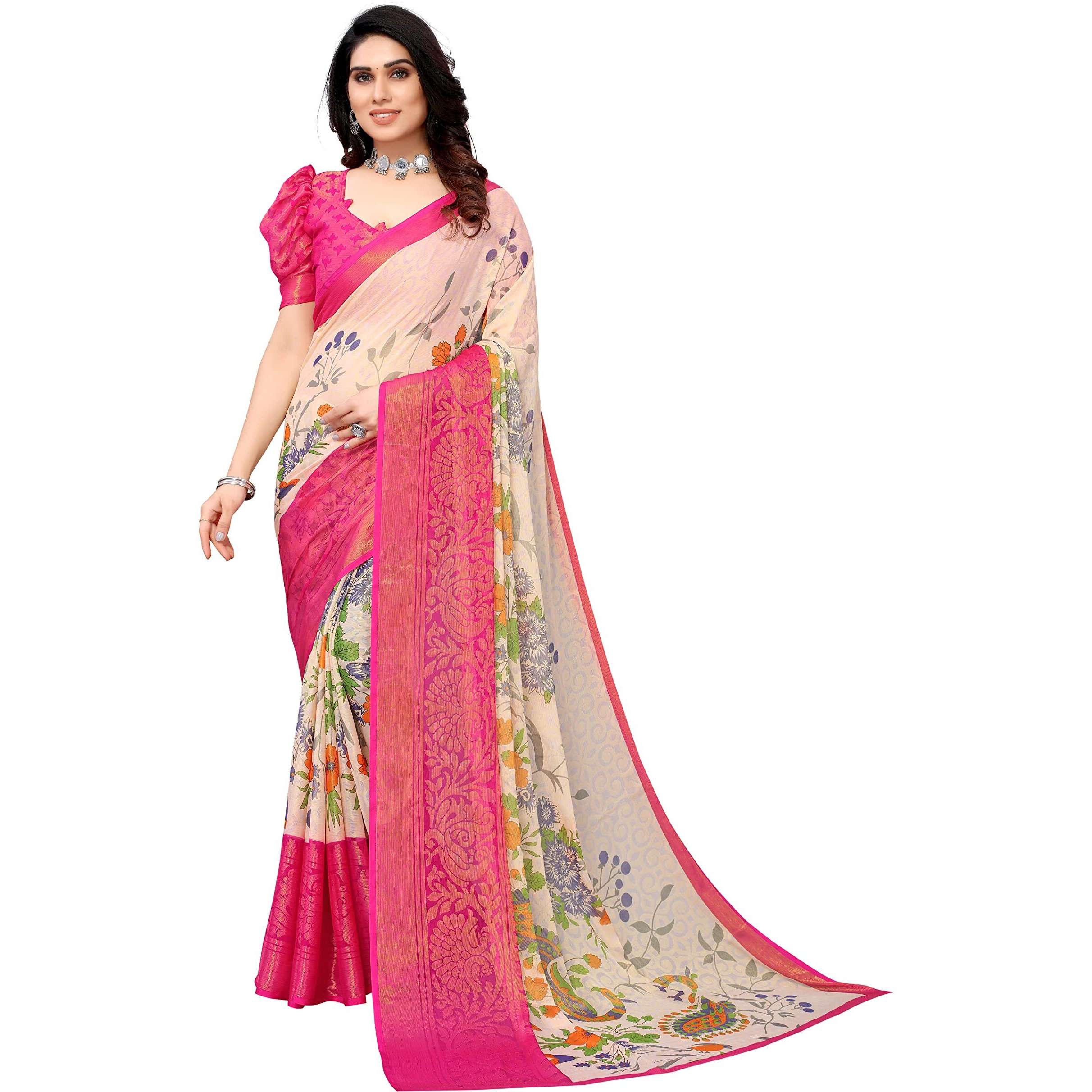 Winza Designer PS Brasso 108 Pink_W Plain Chiffon sarees for women