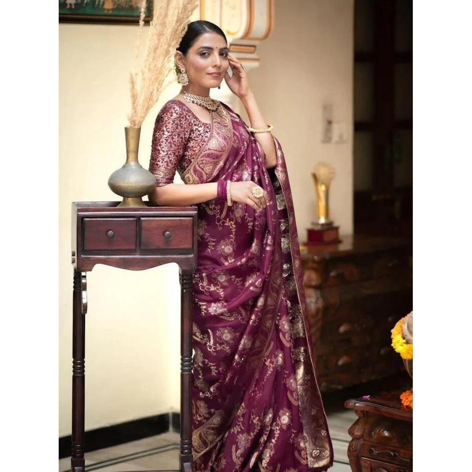 Leriya Fashion Womens Pure Jacquard Banarasi Kanjivarm Cotton Silk Saree with Blouse Piece. (Purple)