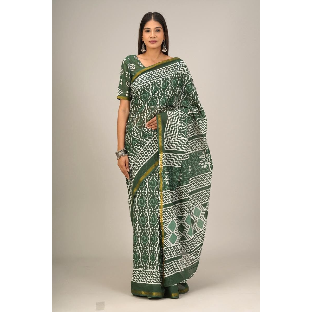 JALTHER Handicrafts Womens Ikat Hand Block Print Jaipuri Cotton Mulmul Saree Zari Border with Blouse Piece_Green_39