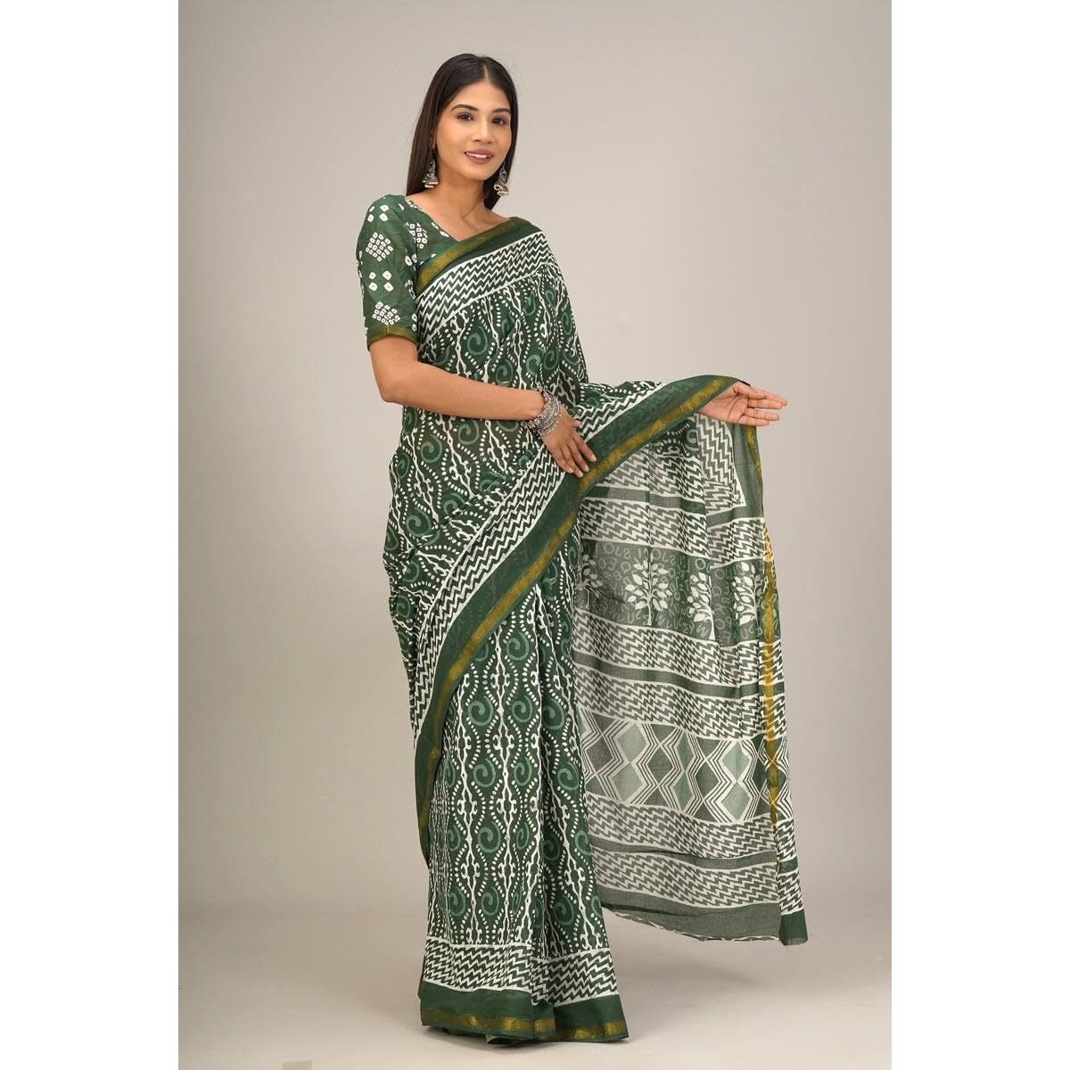 JALTHER Handicrafts Womens Ikat Hand Block Print Jaipuri Cotton Mulmul Saree Zari Border with Blouse Piece_Green_39