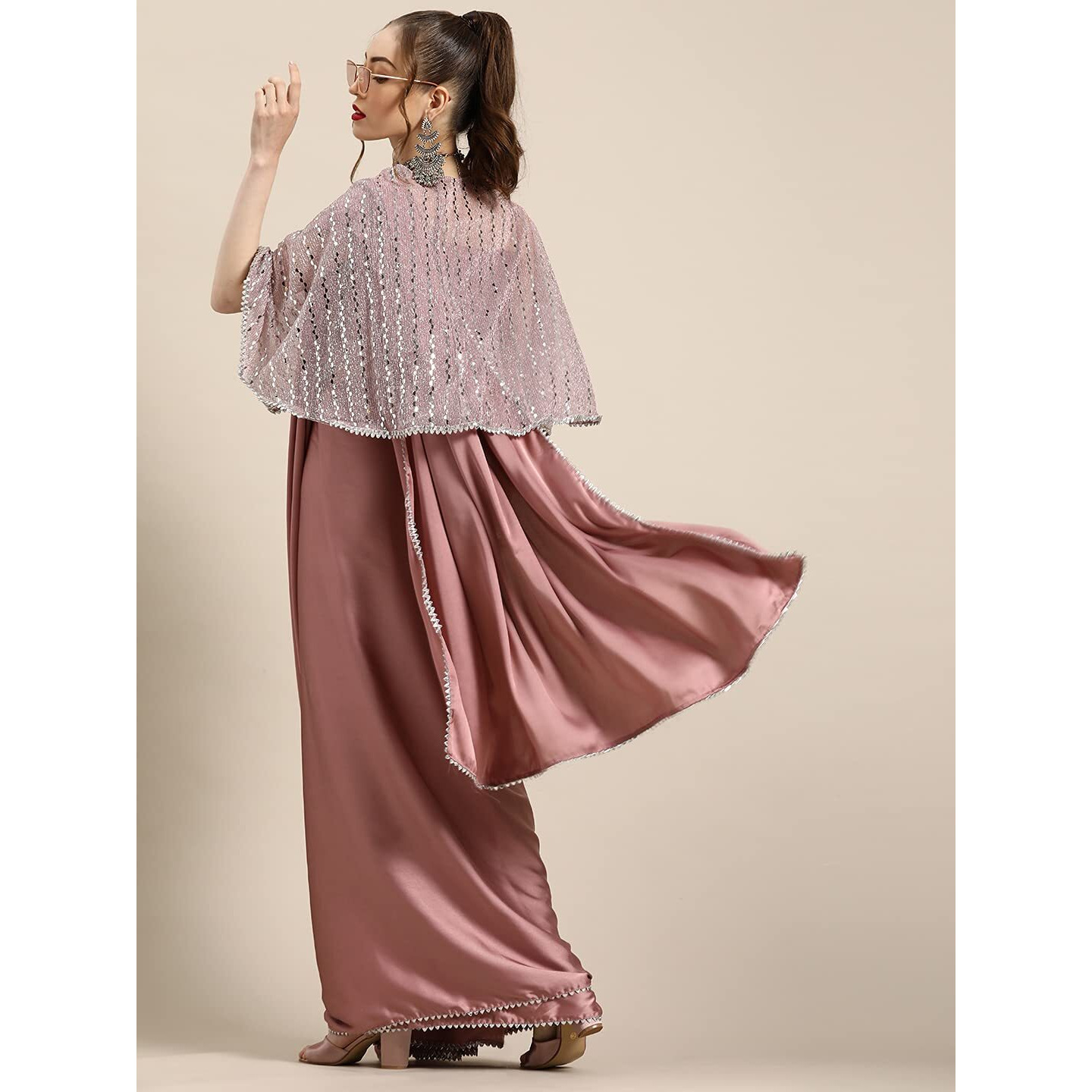 Womanista Womens Satin Saree with Embellished Cape (WM1946_Pink)