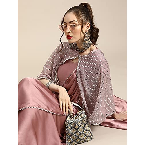Womanista Womens Satin Saree with Embellished Cape (WM1946_Pink)