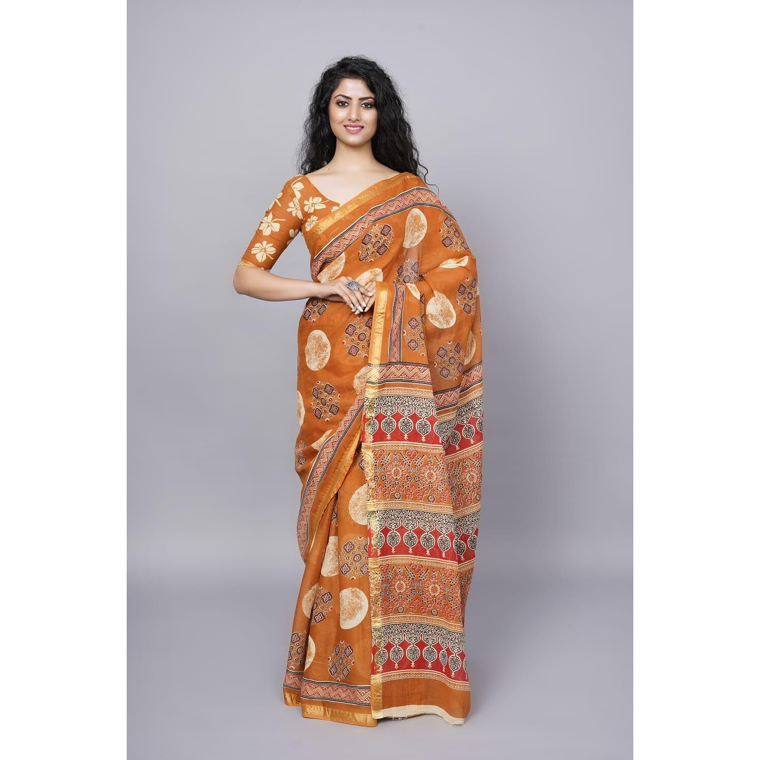 JALTHER Handicrafts Womens Ikat Hand Block Print Jaipuri Cotton Mulmul Saree Zari Border with Blouse Piece_Yellow_24